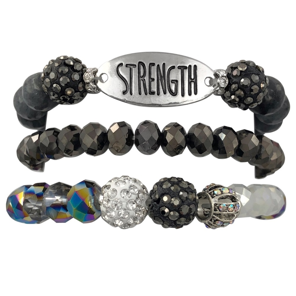 STRENGTH 3 Row Glass, Stone & Rhinestones Beaded Set Layered Stretch Bracelet